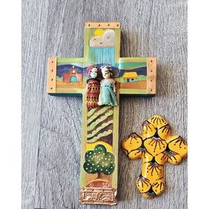 2 Vintage Hand Made and Hand Painted Colorful Wood  / Ceramic Cross